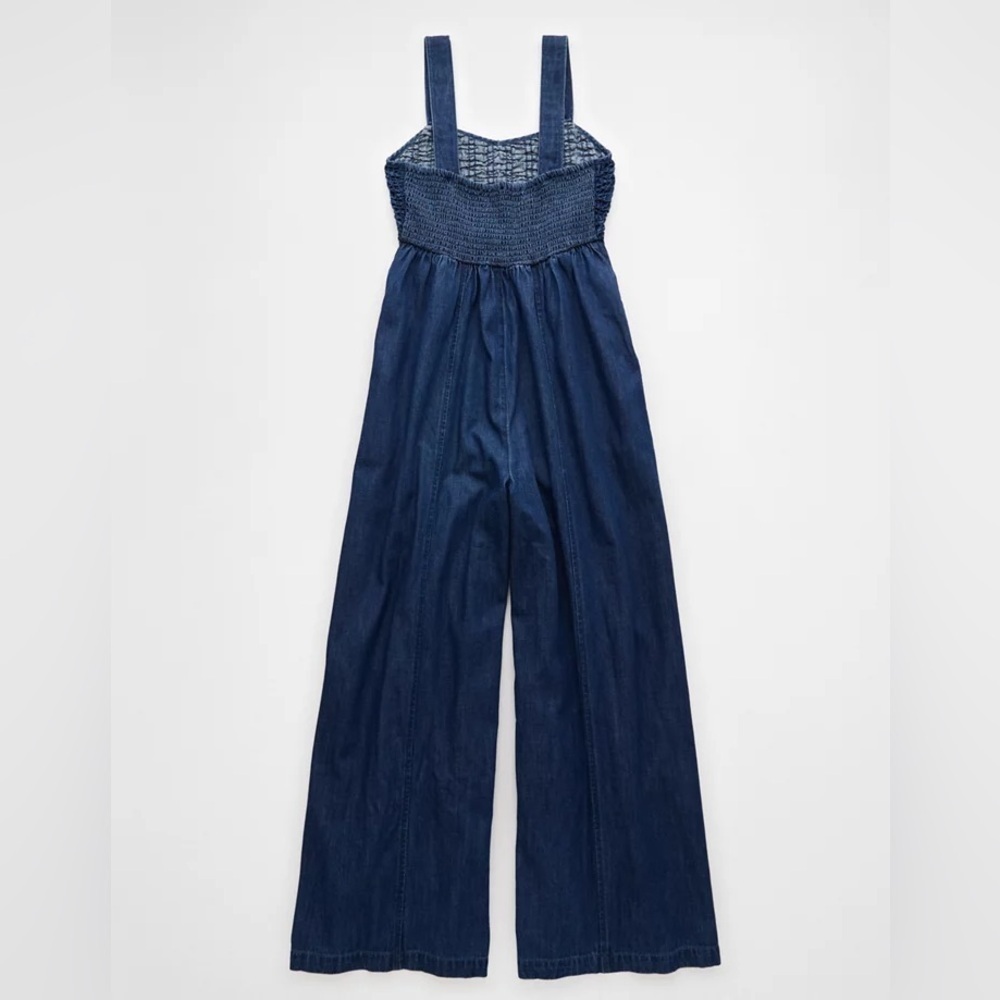 America Eagle Smocked Wide Leg Women's Denim Jumpsuit -Size XXS - Picture 4 of 7